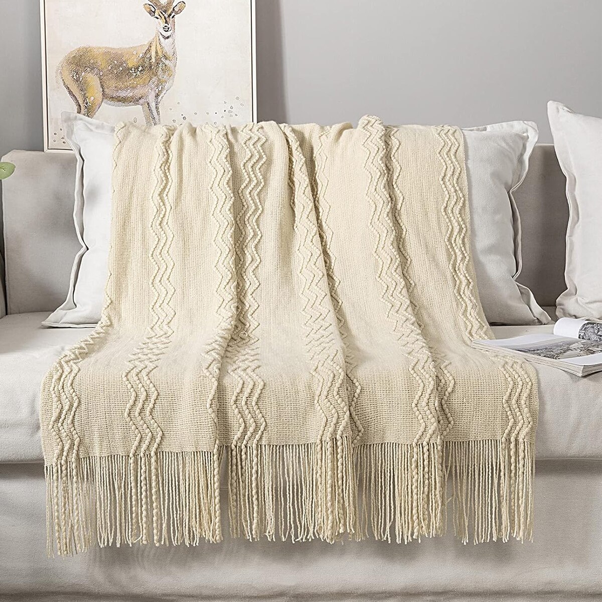Cuvertura de canapea BGHYHYHI, 127x152cm, kaki, design tricotat cu