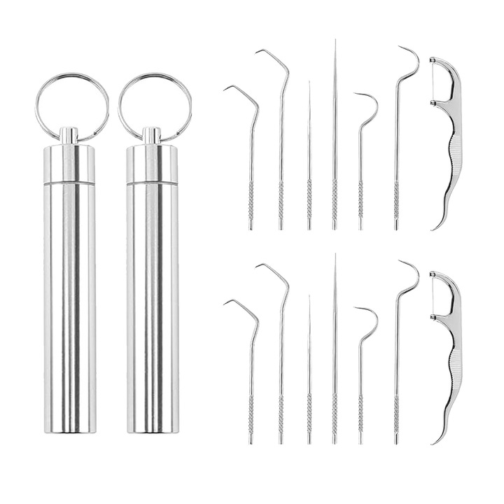 Комплект от 7 клечки за зъби, SIBINTA, Включена кутия за съхранение, Практичен дизайн, Стоматологичен препарат за премахване на петна, Лек и здрав, Преносим, За пикник на открито, къмпинг, пътуване, Неръждаема стомана, 11,5x1,6 см, Сребро