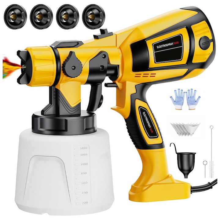 Festőpisztoly, BYONDSELF®, 850 W, 800 ml/perc, 5 fúvókával 0,8/1,2/1,8/2/2,5 cm, 1400 ml, 5 papírtölcsérrel, sárga