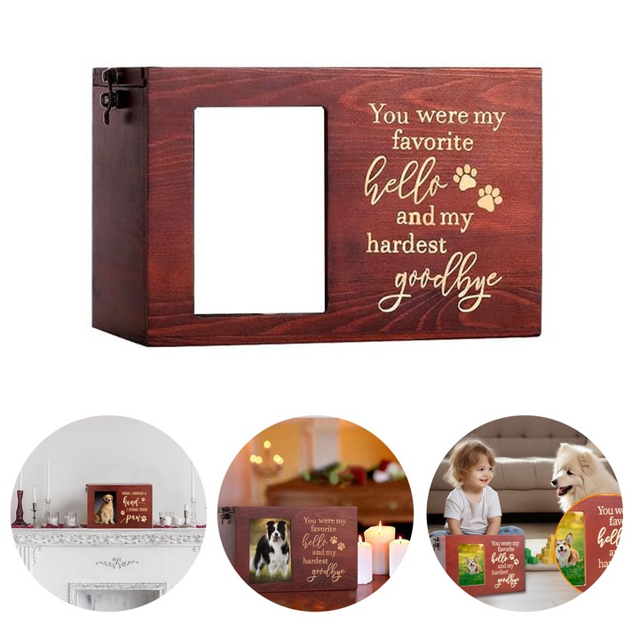 Urna cenusa animale de companie, SINBINTA, Cu suport foto, Rezistenta de lunga durata, Perfect de transportat, Constuctie robusta, Comemorarea membrilor familiei, Pentru caini, pisici si alte animale de companie, Lemn, 16x11x11cm, Maro Rosu