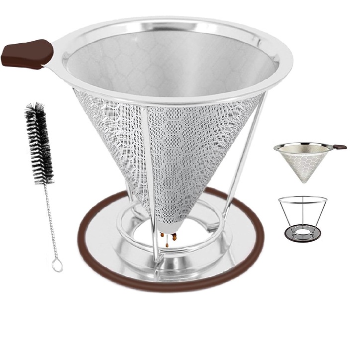 Filtru de cafea fara hartie filtru reutilizabil 800 mesh, Filtru permanent de cafea, otel inoxidabil, cu suport anti alunecare, argintiu