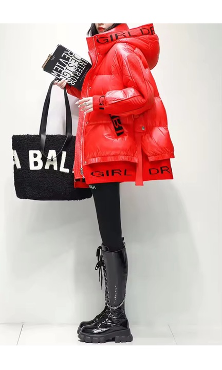 Női téli kabát, piros, rövid, libatoll, kapucnis, M