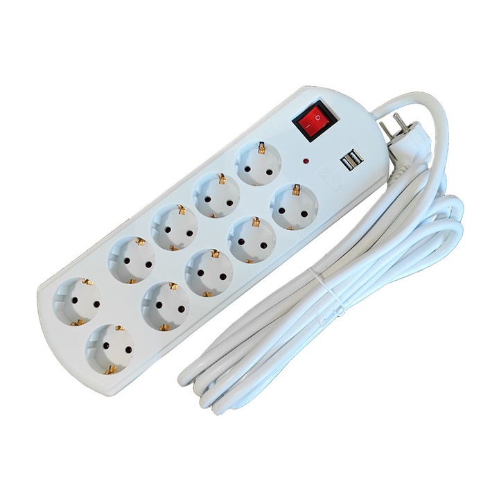 Datamaxx Двоен удължител 10 Schuko гнезда, 2 USB гнезда, IP20, 3x2.5 mmp, 3680W, 1.5 метра дължина, с ключ