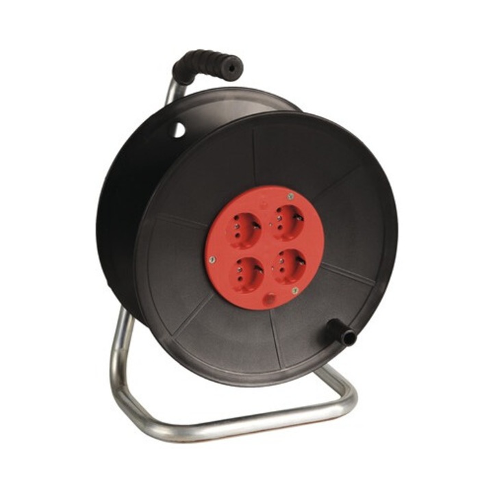 Cablu Prelungitor Datamaxx 4 prize, rola cu tambur, IP20, 3x1, 5 mmp, 3500W, 50 metri, maner transport ergonomic, rosu/negru