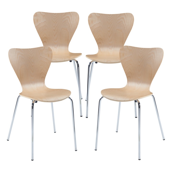 Set 4 scaune bucatarie, en.casa, PXXG-0001 Essunga, 80 x 48 x 45,5 cm, 150 kg, metal, mesteacan, crom, natur, stivuibile