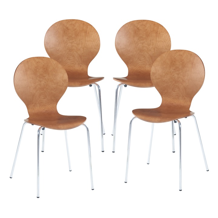 Set 4 scaune bucatarie, en.casa, PXXG-0007 Etne, 85 x 48 x 50 cm, 150 kg, metal, mesteacan, crom, nuc, stivuibile