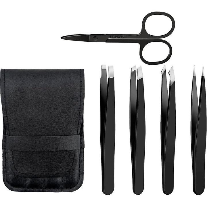 Set 4 pensete/foarfeca/geanta depozitare, Basesailor, Inox, Negru