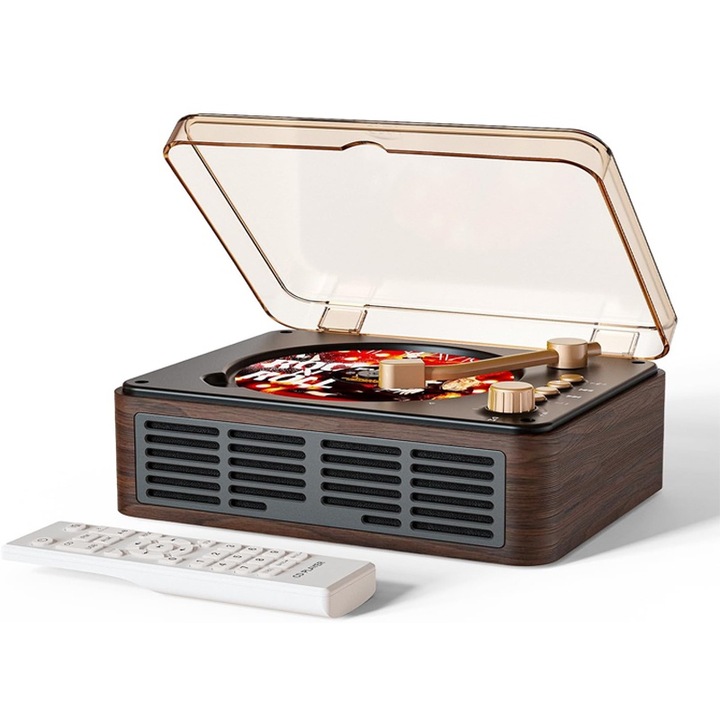 Мултифункционален преносим CD плейър, JENUOS®, Bluetooth 5.0, FM радио, вградени високоговорители HiFi, управлявани от дистанционно управление, съвместими с аудио формати CD/CD-R/CD-RW/MP3/WMA, 208 x 168 x 102 mm, кафяв