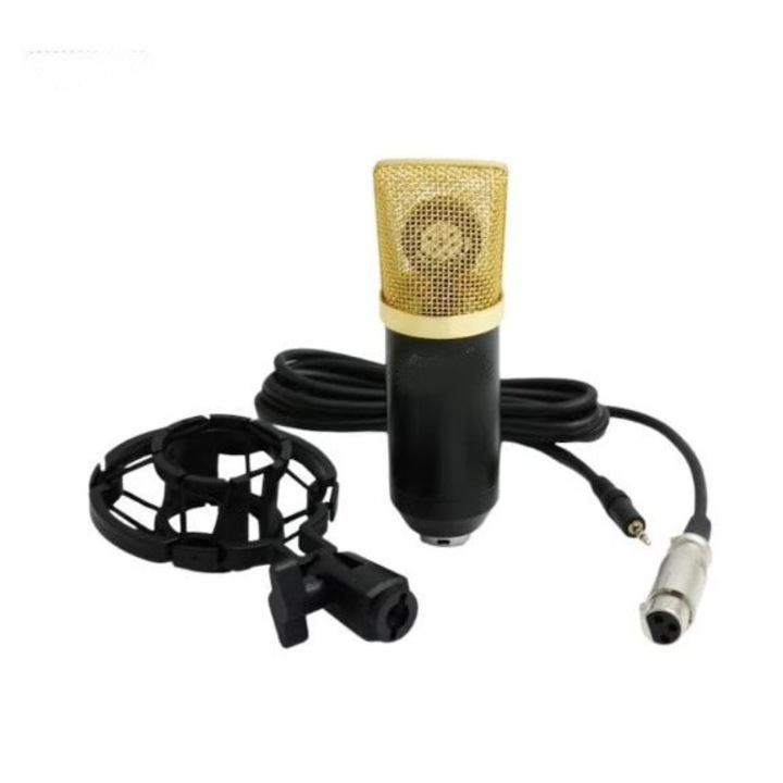 Microfon condensator pentru studio, cu cablu si Suport anti-soc auriu