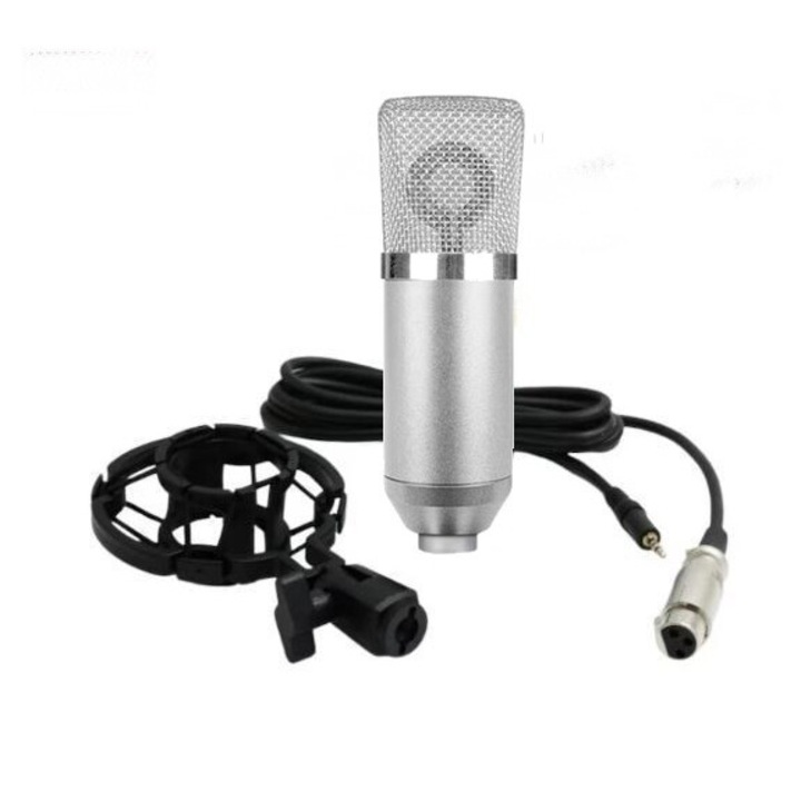 Microfon condensator pentru studio, cu cablu si Suport anti-soc silver grey