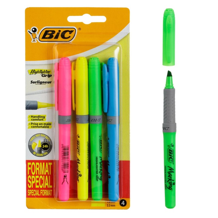 Set evidentiatoare BIC, multicolor, 4 bucati, varf subtire, prindere cauciuc