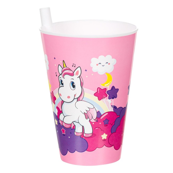 Pahar Plastic Unicorn, Roz, Capacitate 400ml, Pai Incorporat