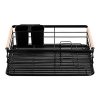 Scurgator de vase si tacamuri, 42.5 x 31.5 x 14 cm, din metal, manere din bambus, tava scurgere, suport detasabil pentru tacamuri, Negru