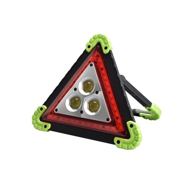 Többfunkciós elakadásjelző háromszög, Flippy, LED zseblámpa, vízálló IP65, 800 lm, 2 x AA, telefontöltő funkció, USB és mikro USB, COB, zöld