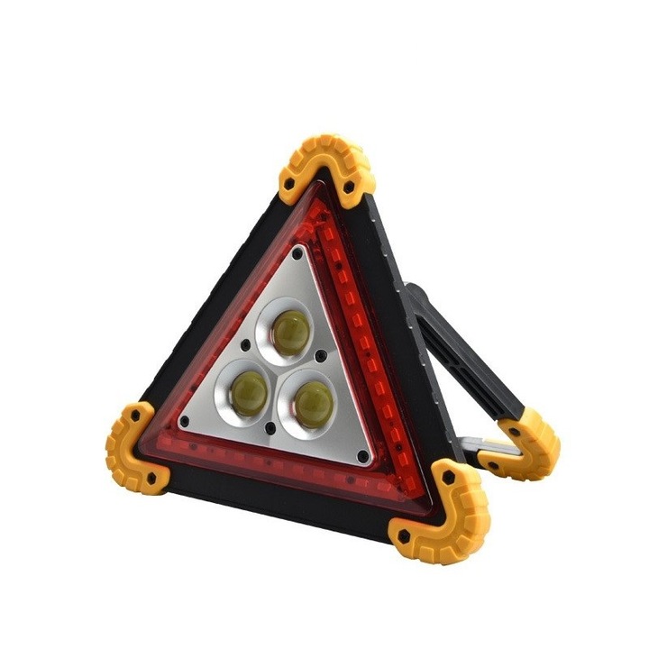Triunghi multifunctional de avertizare, 2 x AA, lanterna LED, impermeabil IP65, 800 lm, functie incarcare telefon, USB si micro USB, COB, Portocaliu