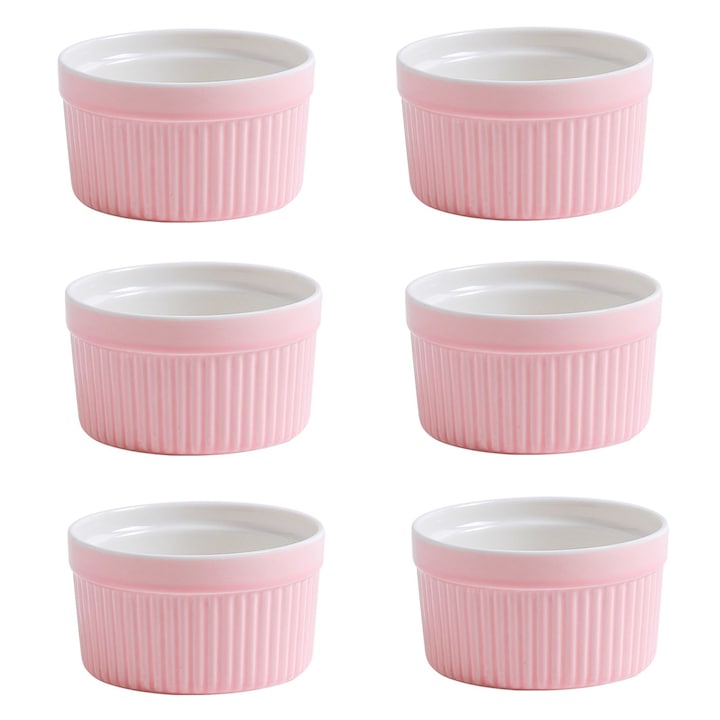 Комплект от 6 рамекина, Axroad Mall, Устойчив на надраскване, Здрав и издръжлив, Устойчив на високи температури, Лесен за почистване, За печене, крем брюле, крем, Керамика, 200 мл, 9x5 см, Розов