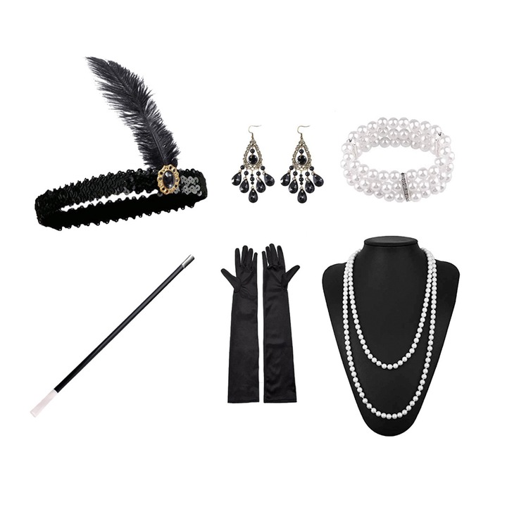 Set 6 accesorii petrecere Anii 20, Axroad Mall, Design unic de epoca, Elegant si sofisticat, Usor de purtat, Pentru Halloween, carnavale, petreceri tematice si mascarade, Negru