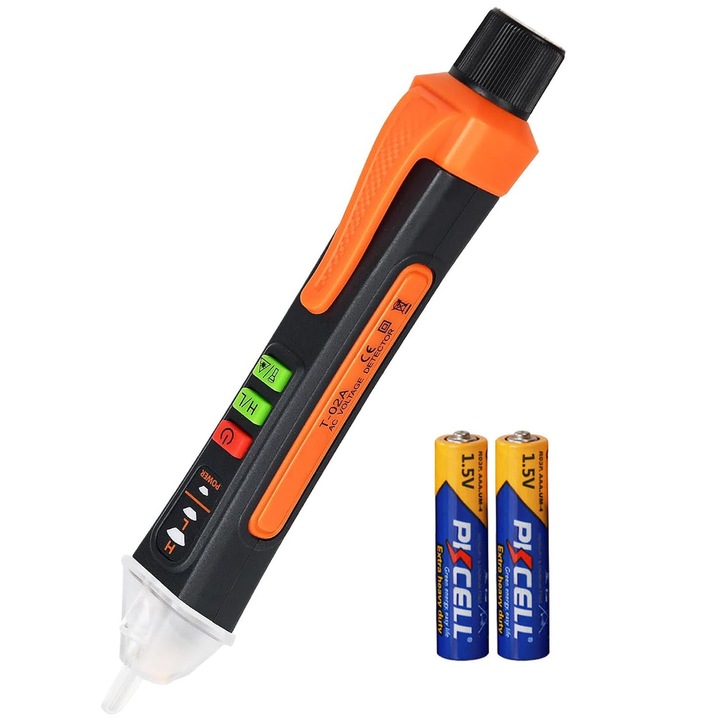 Detector de Tensiune si Tester Faze fara Contact, Hggzeg, Lanterna LED, Cu baterie si functie infrarosu, Buzzer alarma, Poate detecta automat firul sub tensiune sau neutru, AC Low 12-1000V, AC High 48-1000V, ABS, 16.8*2.8cm, Negru/Portocaliu