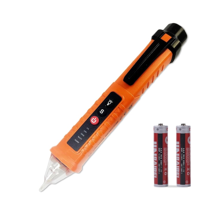 Detector Tensiune AC fara Contact, Hggzeg, 12-1000V, Cu lumina LED, Sonda de detectare NCV, Oprire automata, Sensibilitate ajustabila, Alarma sonora si vzuala, Pentru verificarea intrerupatoarelor, intrerupatoarelor si prizelor, ABS, 155*24mm, Portocaliu