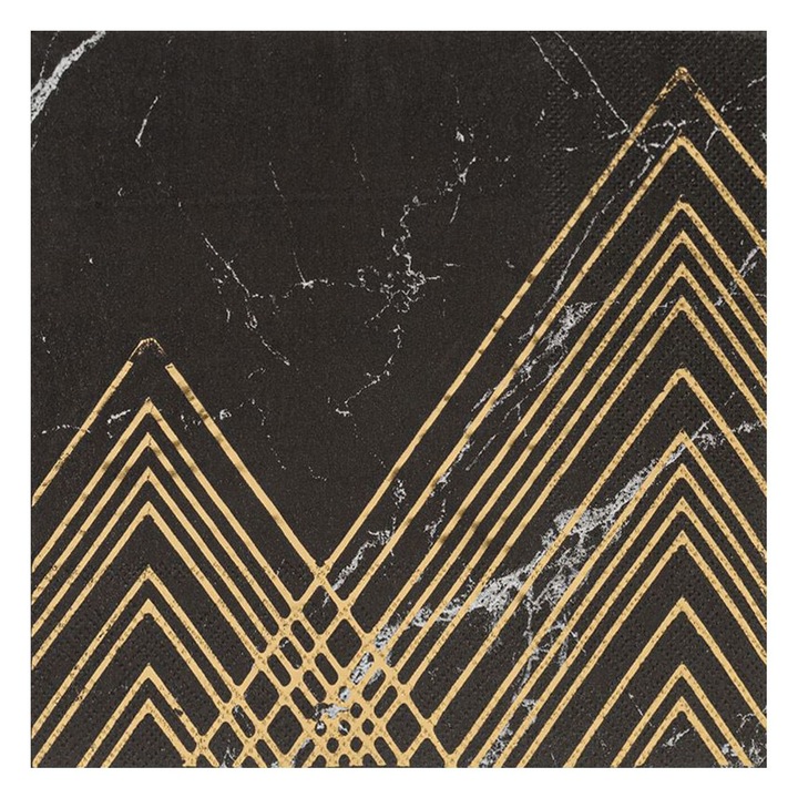 Салфетки за маса, мраморна шарка, черни, златисти детайли, 33x33 см, 2 слоя, комплект от 12 части