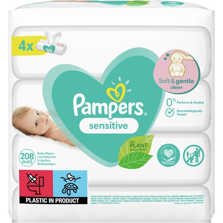 Pampers Sensitive nedves törlőkendők, 4 csomag x 52, 208 db