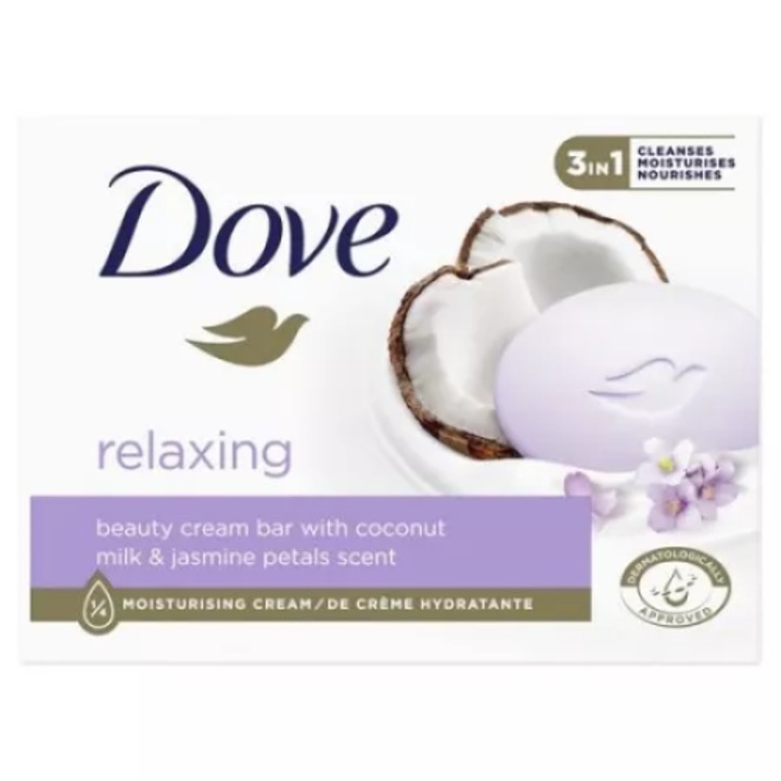 Релаксиращ сапун Dove, аромат на кокосово мляко и венчелистчета от жасмин, 4 броя x 90g