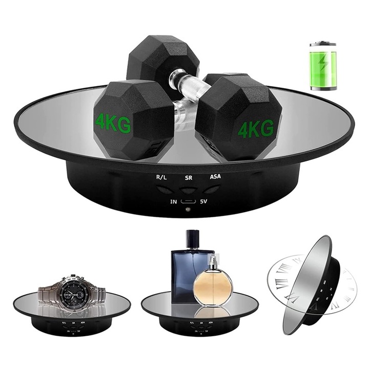 Masa foto rotativa electronica, diametru 20 cm, Greutate maxima 8 kg, JENUOS®, pentru poze si video, Negru