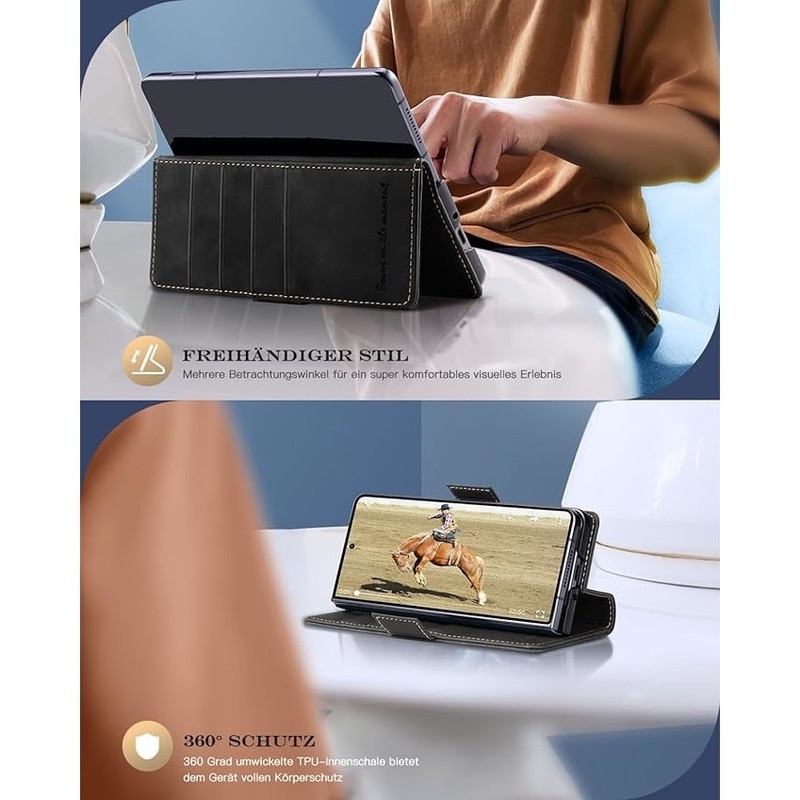 Husa flip pentru telefon, Basesailor, Pentru Samsung Z Fold 4, piele naturala, protectie completa, neagra