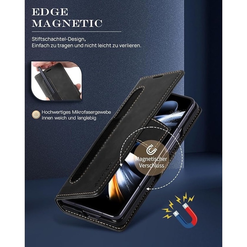 Husa flip pentru telefon, Basesailor, Pentru Samsung Z Fold 4, piele naturala, protectie completa, neagra