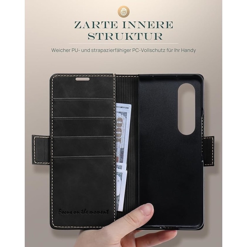 Husa flip pentru telefon, Basesailor, Pentru Samsung Z Fold 4, piele naturala, protectie completa, neagra