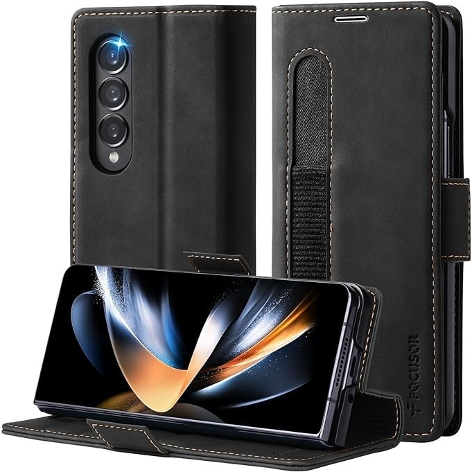 Husa flip pentru telefon, Basesailor, Pentru Samsung Z Fold 4, piele naturala, protectie completa, neagra