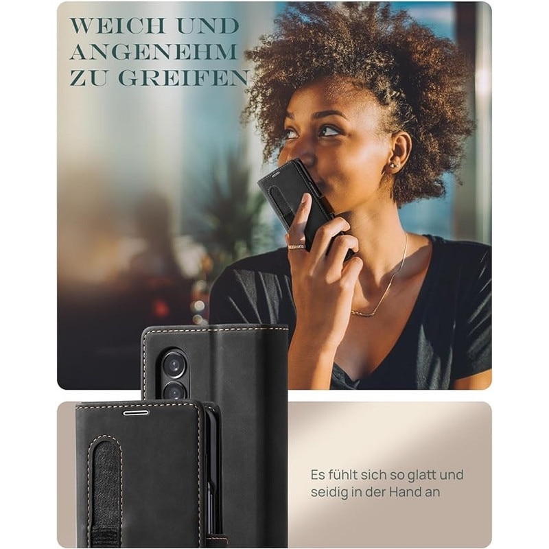 Husa flip pentru telefon, Basesailor, Pentru Samsung Z Fold 4, piele naturala, protectie completa, neagra