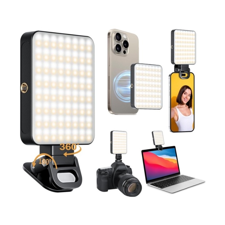 Lampa Led portabila, selfie light pentru poze sau video, 128 leduri, JENUOS®, 3 moduri iluminare, ajustare Intensitate, emperatura culoare: 3000-6500k, clema de prindere ajustabila, rotire 360°, Negru