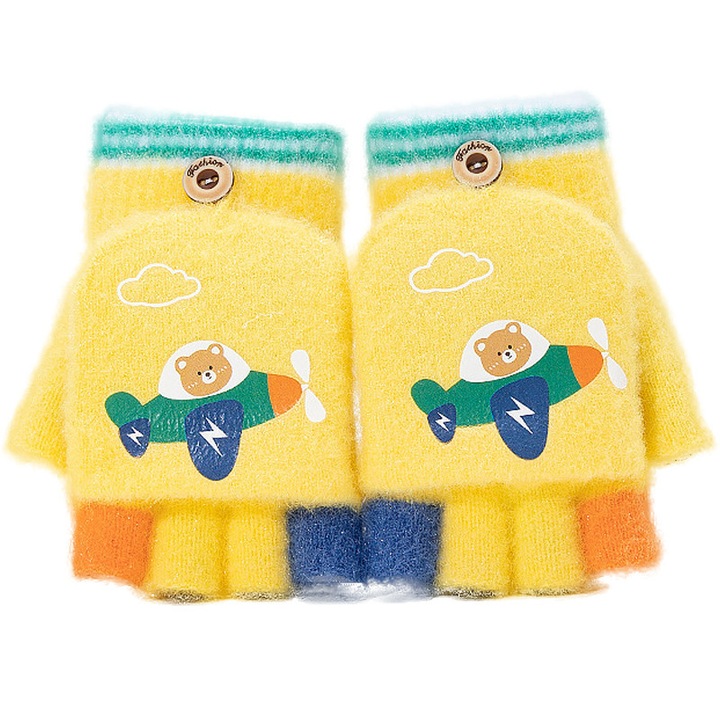 Manusi pentru copii, Prixtal, model cu degetele descoperite si capac decapotabil, Moale si calda, prindere cu nasturel, manseta elastica, model cu dragut dinozaur, 2-6 ani, 7*12cm, galben