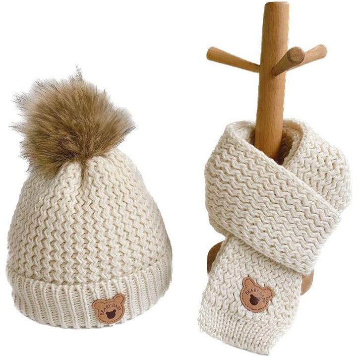 Set caciula copii cu fular pentru iarna, Prixtal, tricotat, moale si calda, Respirabil si prietenos cu pielea, 2-6 ani, 42-50cm, Bej