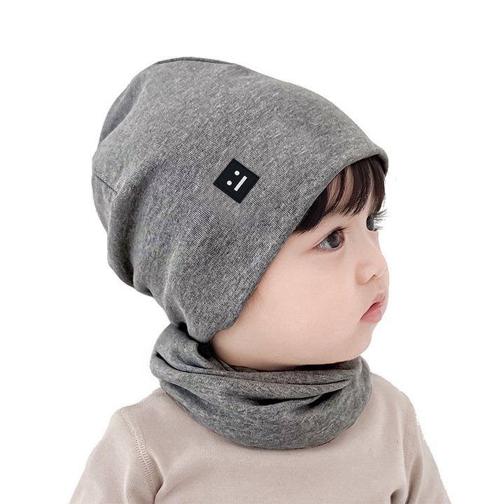 Set caciula copii cu fular pentru iarna, material de bumbac, moale si calda, Respirabil si prietenos cu pielea, 3-10 ani, 48-60cm, Gri deschis