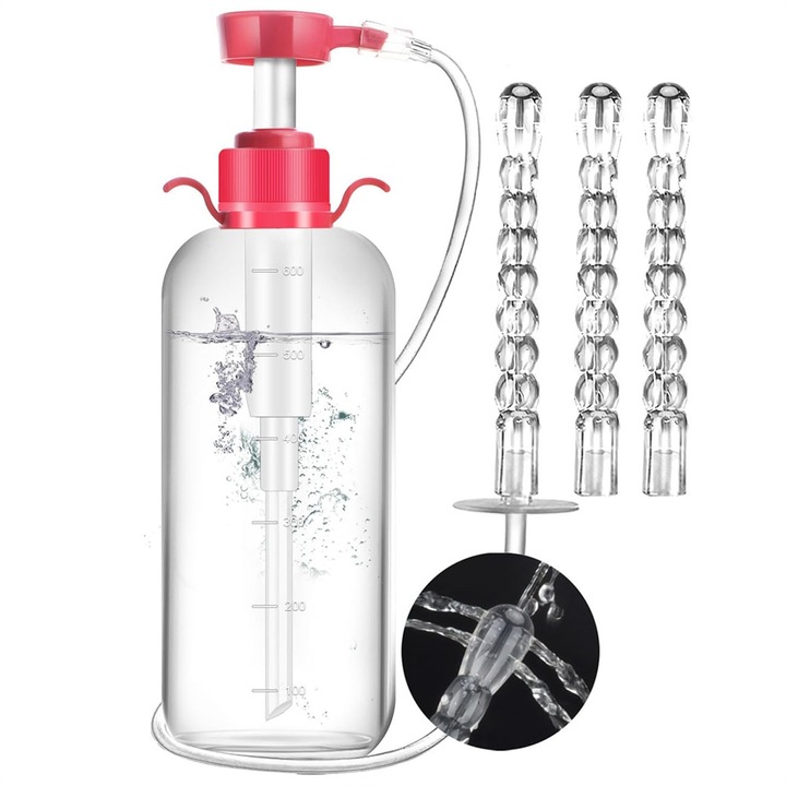 Irigator Clisma Set pentru Dus cu 4 Capete Intersanjabile, Capacitate 600 ml, punga de depozitare, Curatare manuala cu presiune, Reusable Vaginal Enema Douche