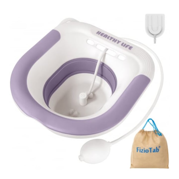 Vas FizioTab® Sitz Bath Pliabil, pentru Baie de Sezut, tip Lighean pentru Wc, Asigura Igiena Locala si Ameliorarea Simptomelor Provocate de Hemoroizi, Carlig si Saculet Depozitare Incluse, Alb/Mov cu Irigator Reglabil Alb