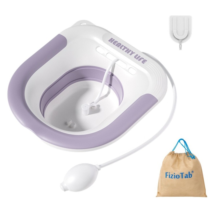 FizioTab® Сгъваема табуретка за вана за седене, тип тоалетна мивка, осигурява локална хигиена и облекчаване на симптомите, причинени от хемороиди, включени кука и чанта за съхранение, бяла/лилава с регулируем бял иригатор