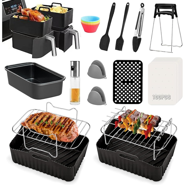 Set accesorii pentru friteuza cu aer cald dubla, forme din silicon, gratar de gatit