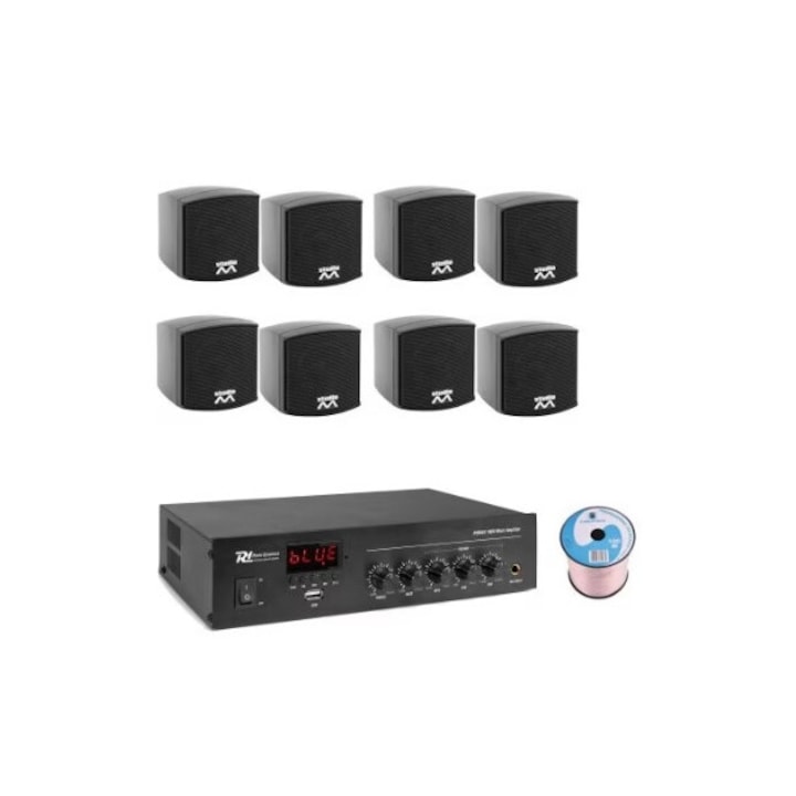 Ambient Audio System 8 черни високоговорителя, USB, FM и Bluetooth, 50 метра кабел в комплекта