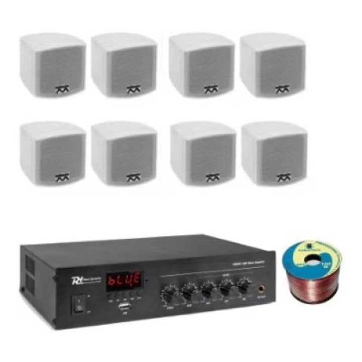 Амбиентна аудио система 8 бели високоговорителя, USB, FM и Bluetooth, 100 метра кабел в комплекта