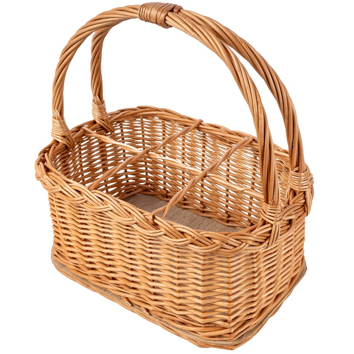 Suport cos pentru sticle de rachita vin si apa, Creative Home, cu maner, 33x23x36cm, Panou MDF in partea de jos, 6 locuri pentru bere, vin