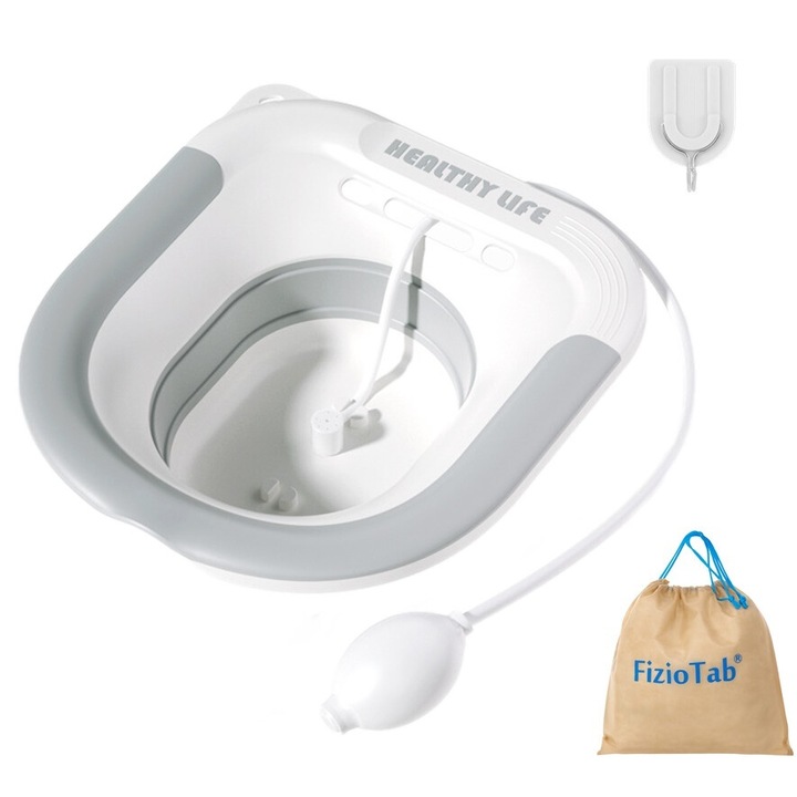FizioTab® Ülőkád összecsukható, ülőfürdőhöz, WC-mosdóhoz, biztosítja a helyi higiéniát és az aranyér okozta tünetek enyhítését, horog és tárolótáska mellékelve, fehér/szürke, fehér állítható öntözővel