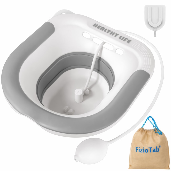 Вана FizioTab® Sitz Bath Сгъваем, за седящи бани, тип леген за тоалетна чиния, осигурява локална хигиена и облекчаване на симптомите, причинени от хемороиди, включена чанта за съхранение, бял/сив с регулируем иригатор бял