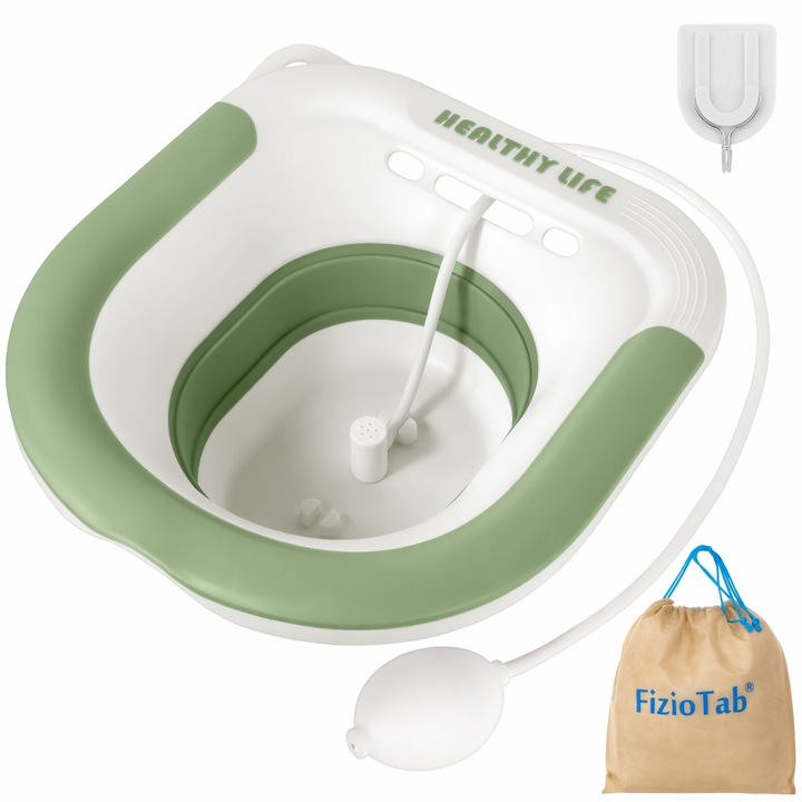 Vas FizioTab Sitz Bath седяща вана, тип леген за тоалетна, осигурява локална хигиена и облекчаване на симптомите, причинени от хемороиди, включена чанта за съхранение, бял/зелен c