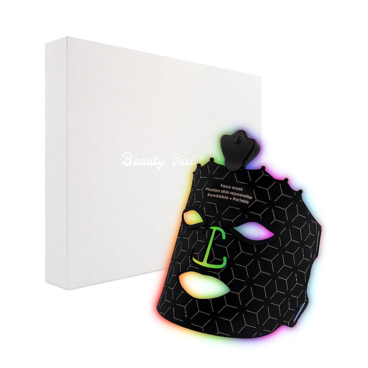 7 színű LED terápiás arcmaszk, AjieQaQ, ultra puha szilikon, szemvédő, 38x28cm, fekete