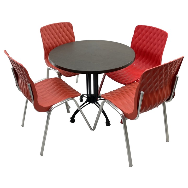 Set mobila terasa/cafenea RAKI, masa rotunda D80cm cu blat Werzalit New Wenge si baza retro neagra din aluminiu, 4 scaune Royal rosii 50x52xh83cm din plastic cu picioare metalice