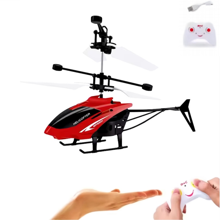 Хеликоптер с инфрачервено индукционно окачване, играчка за дрон лети, когато поставите ръката си под нея и LED светлини, дистанционно управление за деца, играчка за дрон против падане, полет на закрито и на открито, издание за подарък - червено и бяло