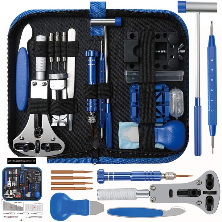 Órajavító szerszámkészlet, műanyag/rozsdamentes acél, Chigoods, 208 db, kék/ezüst